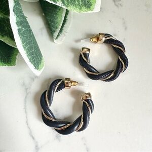 2/$30🌵 Navy Blue Faux Leather Gold Twist Hoop Earrings Classic Gift Jewelry NEW